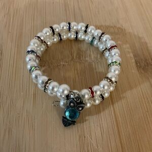 Hand Crafted Elegant Pearl Wrap Bracelet with Owl Charm and Rhinestones